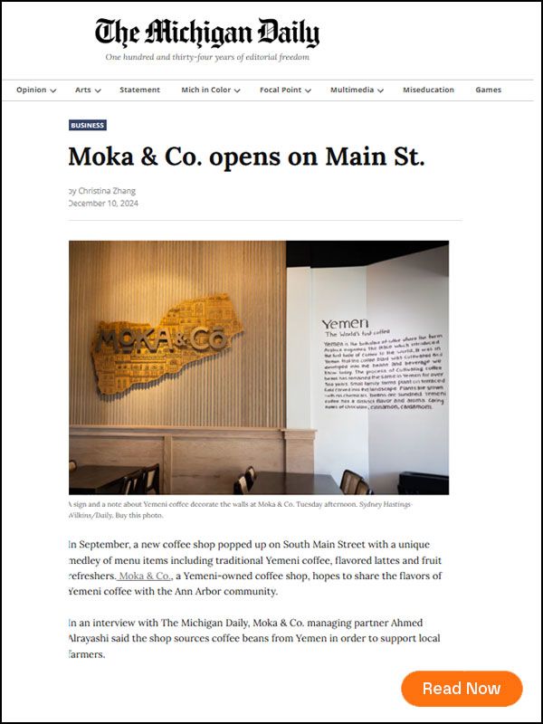 Michigan Daily highlights Moka & Co Yemeni Coffee Shop in Ann Arbor on Main Street