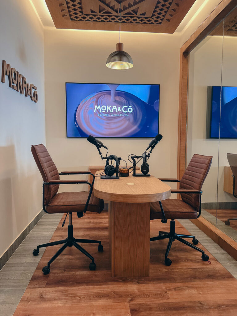 Seating and podcast setup at 34th street Moka & Co Yemeni cafe private room in New York