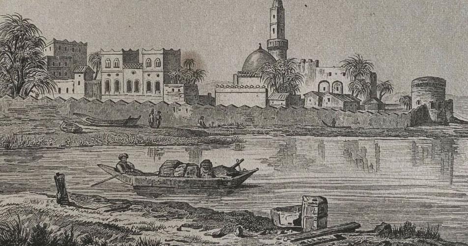 View of Mocha in Yemen in the 19th century. Original steel engraving by Blondeau after Fleury, Paris, circa 1847.